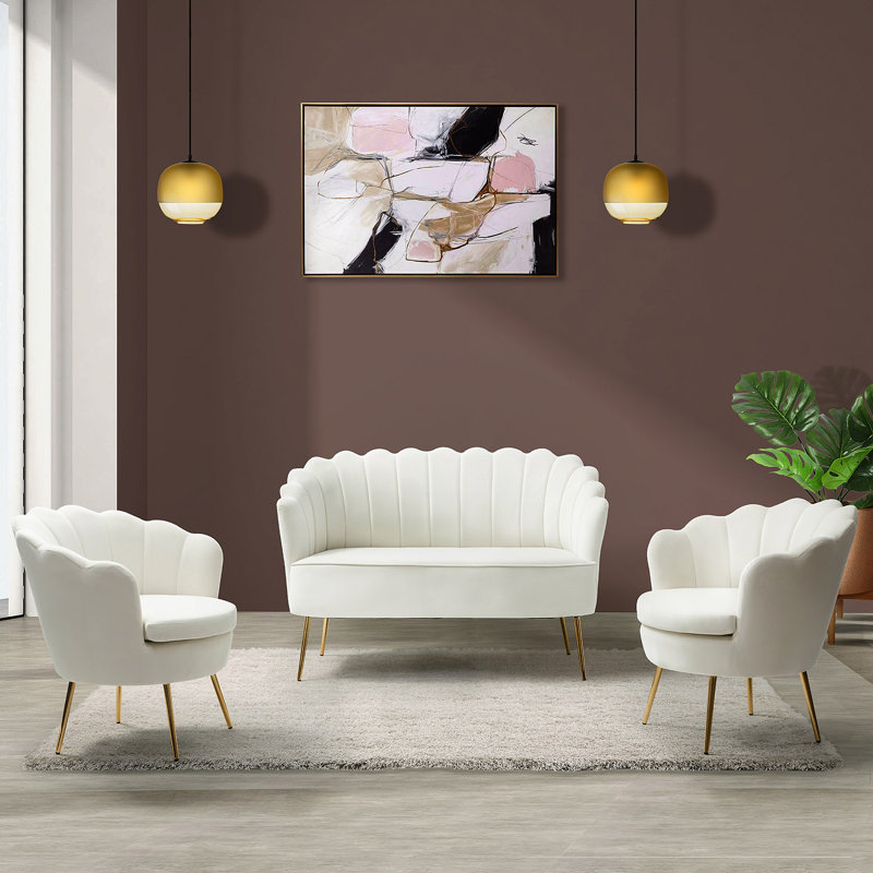 Hendrix 3 - Piece Velvet Living Room Set, Ivory Velvet