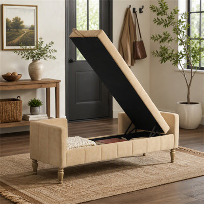 Banc de rangement à dossier rabattable en chenille de 64,6 po de largeur, dossier capitonné avec accoudoirs et dossier et 2 traverses en bois d'hévéa blanchi pour le salon, le couloir et la chambre du vestibule