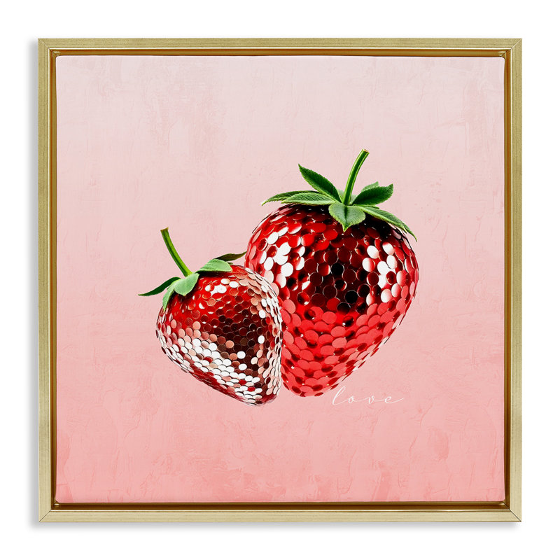 Cadre flottant Disco Sequin Strawberries, design par Kim Allen, H 18 po x l 18 po, Cadre flottant métallique doré