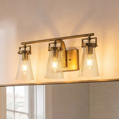 Modern Transitional 3-light Vanity Wall Sconce In Brushed Brass With Clear Bubble Glass Shades For Mirror, Bathroom Or Hallway
