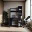 Bureau bleu marine avec deux tablettes et une bibliothèque latérale pour le rangement des dossiers dans un ordinateur moderne, cinq grandes tablettes ouvertes de style