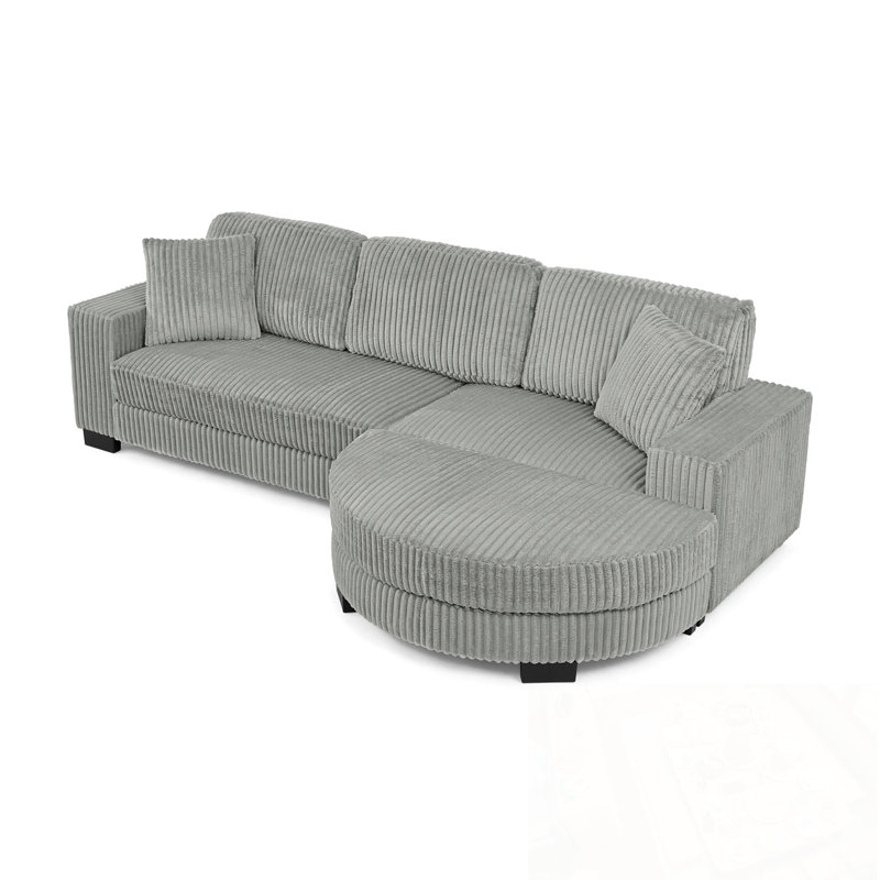 Canapé modulaire en L avec coussins et repose-pieds, Velours côtelé gris