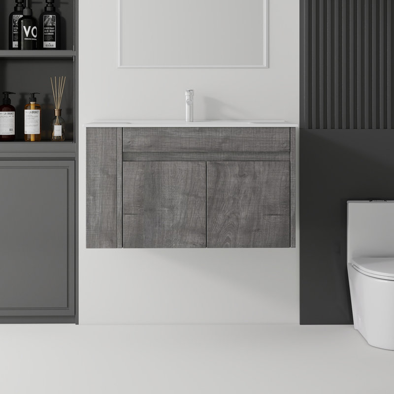 Meuble-lavabo flottant avec lavabo, Gris, L 36 po