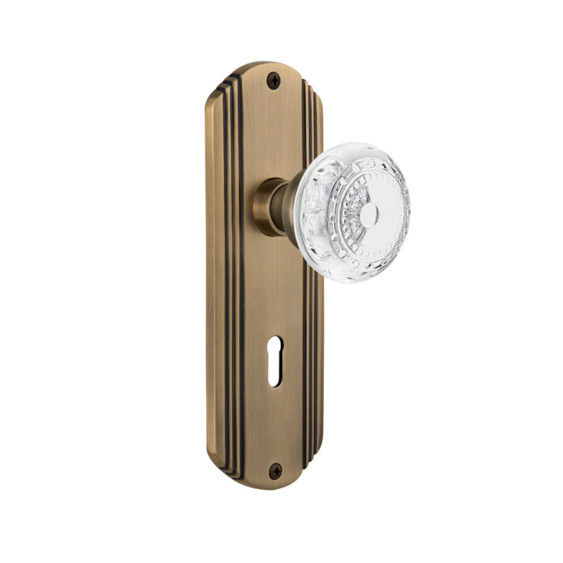 Crystal Meadows Interior Mortise Door Knob with Deco Long Plate, Antique Brass