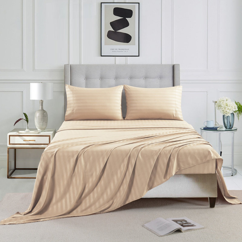 3/4 Pcs Luxury Striped Bed Sheets Set, King Sheet Set with 2 Pillowcases, Beige