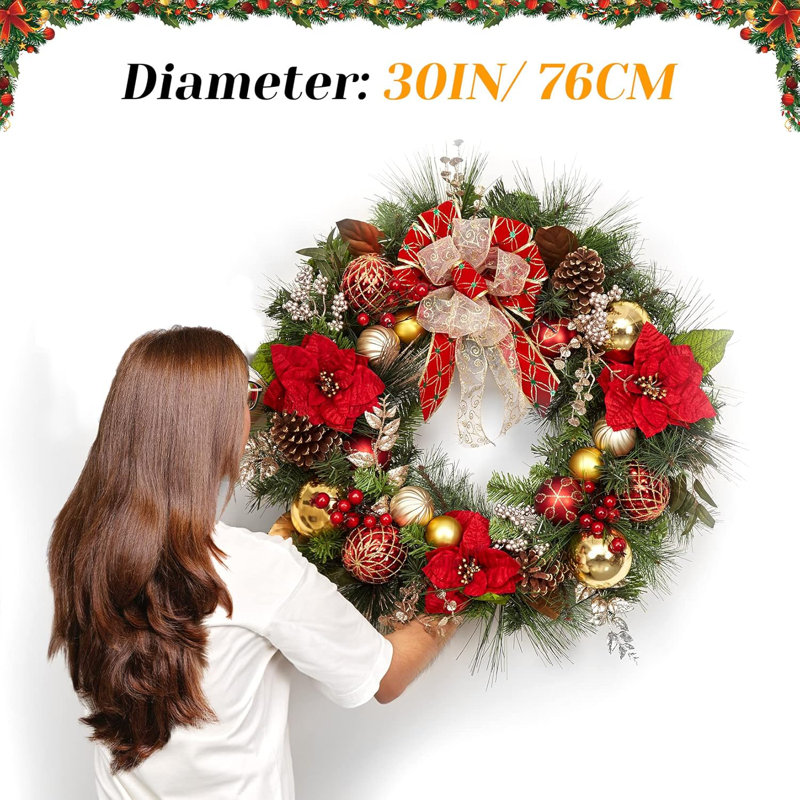 Couronne de Noël lumineuse de 30 pouces avec lumières DEL à piles et décor rouge doré pour la porte d'entrée