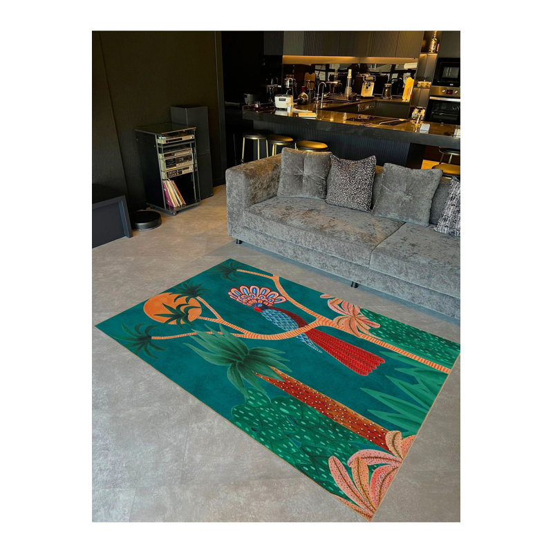 Palm Trees and Parrot Patterned Woven Base Modern Decorative Rug, Rectangle 3'3" x 4'11" Rug Pad Included