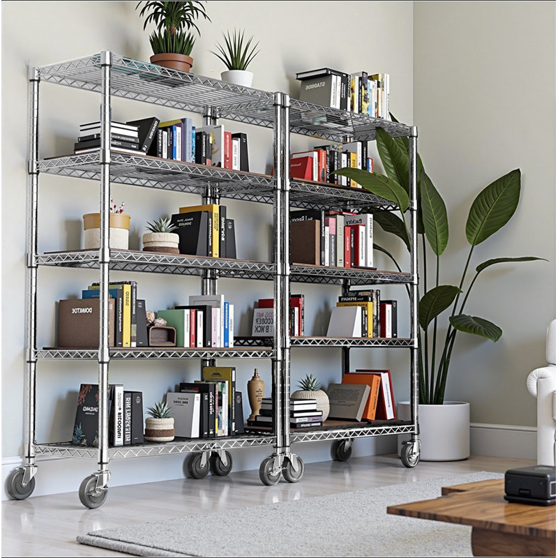 Étagère de rangement à 5 tablettes, étagère grillagée en métal robuste, étagère de garage réglable pour garde-manger (chrome, 5 niveaux, P 17,7 po x l 47,2 po x H 75,6 po)