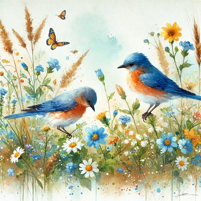 «Meadow Serenade - Bluebirds in Wildflowers», reproduction d'art sur toile, H 30 po x l 30 po x P 1,5 po