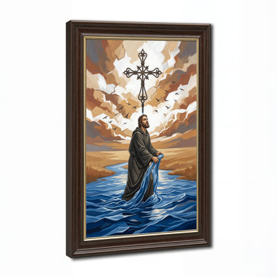 Man in Dark Robe Holding Blue Cloth With Ornate Cross in Canvas Wall Art