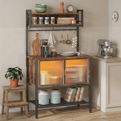 Armoire à café / four à micro-ondes à cinq niveaux avec lumières DEL et espace de rangement Retro Brown Support de cuisson et de rangement multifonctionnel pour la cuisine.
