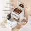 Meuble-lavabo 3 en 1 avec miroir ouvert, ensemble de coiffeuse avec bureau en verre visible, coiffeuse compacte avec 3 tiroirs et tabouret, coiffeuse pour chambre à coucher