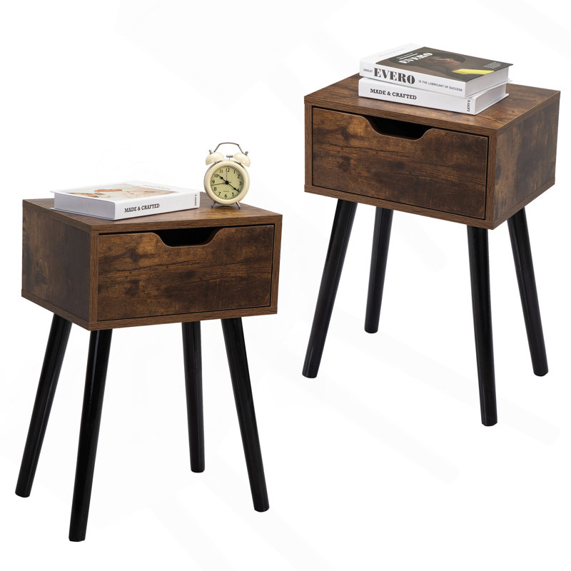 Ensemble de 2 tables d'appoint en bois de style Mid-Century, table de bout avec 1 tiroir de rangement, table de chevet pour le salon de la chambre à coucher, brun rustique et noir