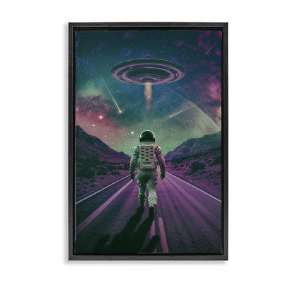 Vaisseau spatial extraterrestre au-dessus d'un cadre flottant astronaute, design par Wumples