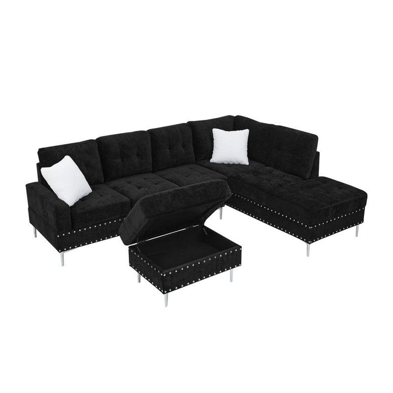 102'' Upholstered Sectional Sofa with Ottoman, Black