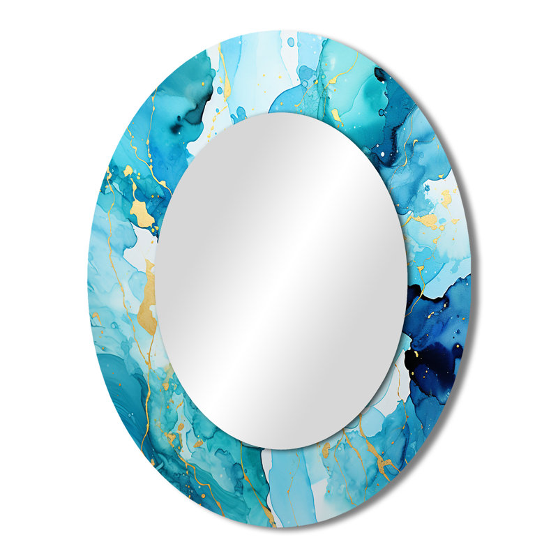 Love Spirit Turquoise And Orange Marble Art II - Blue Oval Wall Mirror Decor, 43" x 33"