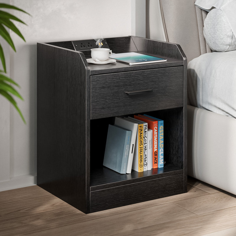 Table de chevet avec tiroir caché avec compartiment caché, station de charge et prises USB, Noir