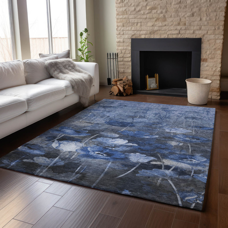 Tapis bleu Cerrito lavable à la machine de qualité supérieure, Rectangulaire 8 pi x 10 pi