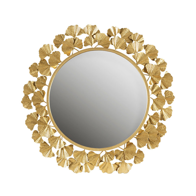 Miroir mural rond de 30,5 po en forme de feuille d'or, cadre en fer, miroir, bon pour le design d'intérieur, fabrication en métal, facile à accrocher