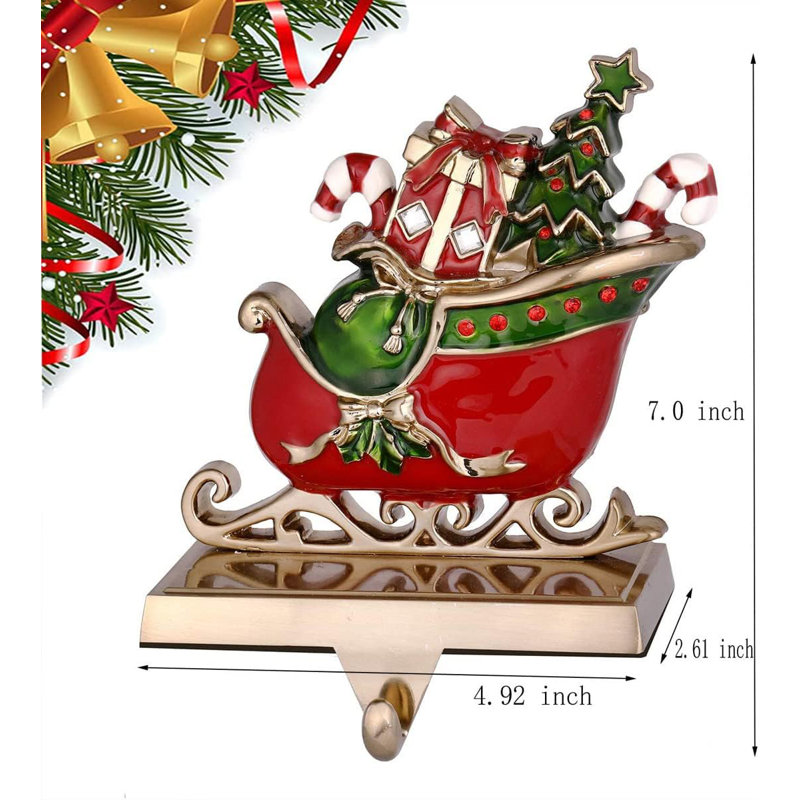 Antique Gold Reindeer and Santa Sleigh Stocking Holders Set
