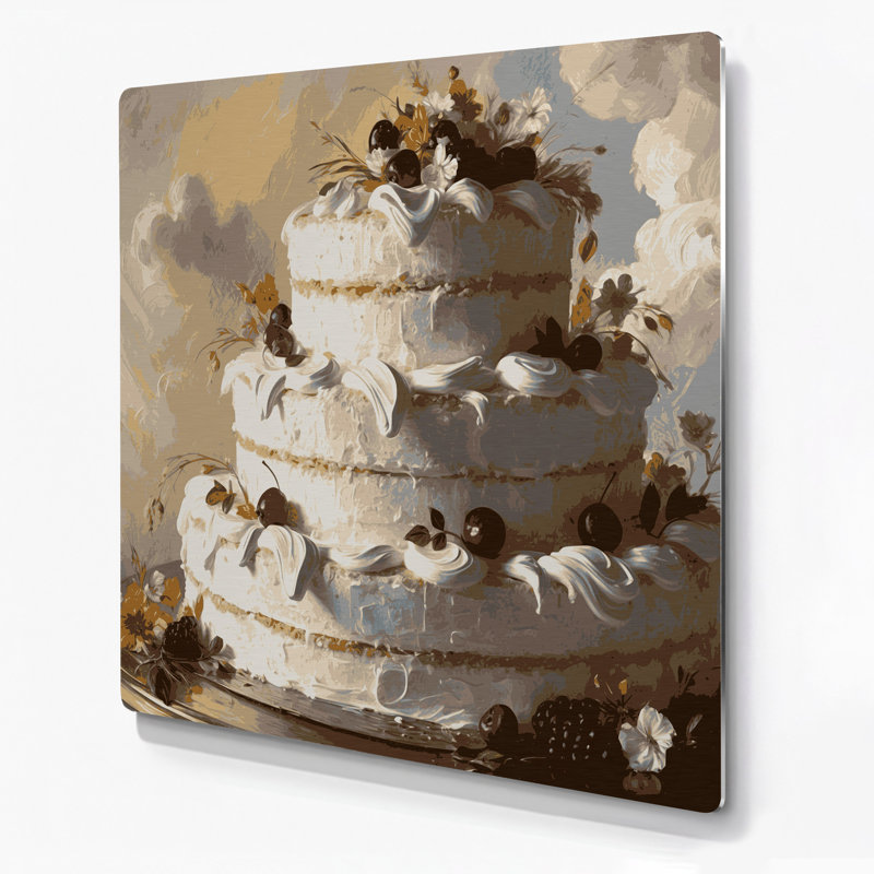 Desserts, ange et gâteau, art mural en métal beige, H 16 po x l 16 po