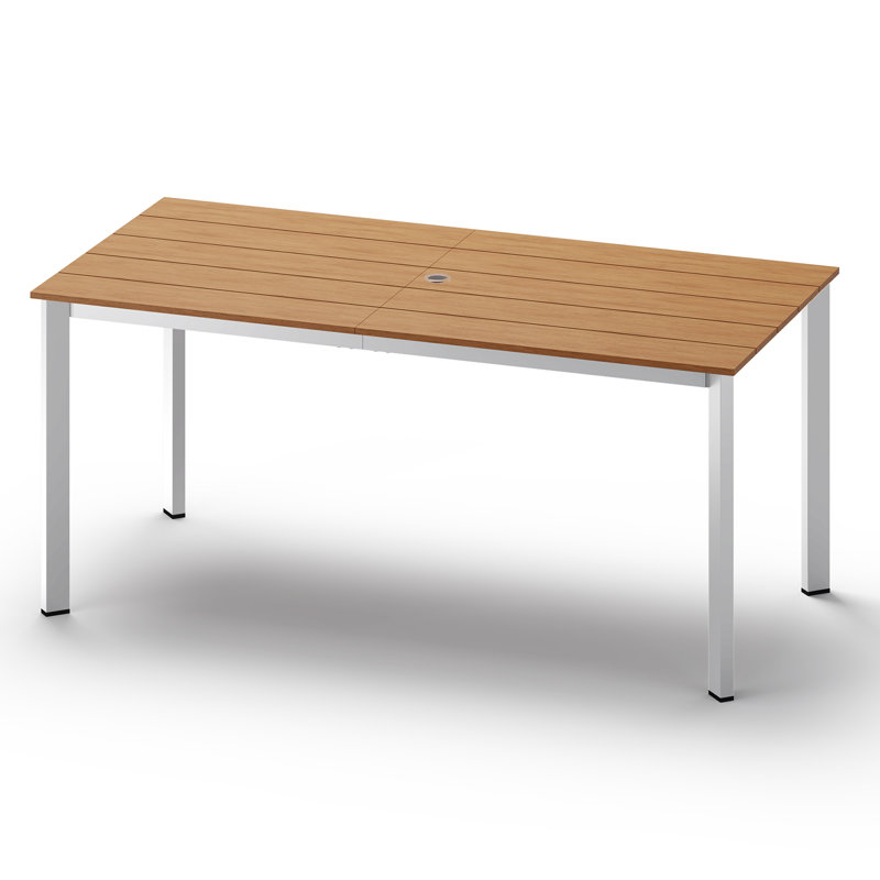 Table de salle à manger d'extérieur rectangulaire en aluminium de 170 cm (67 po) avec plateau en HDPS imitation bois et trou pour parasol