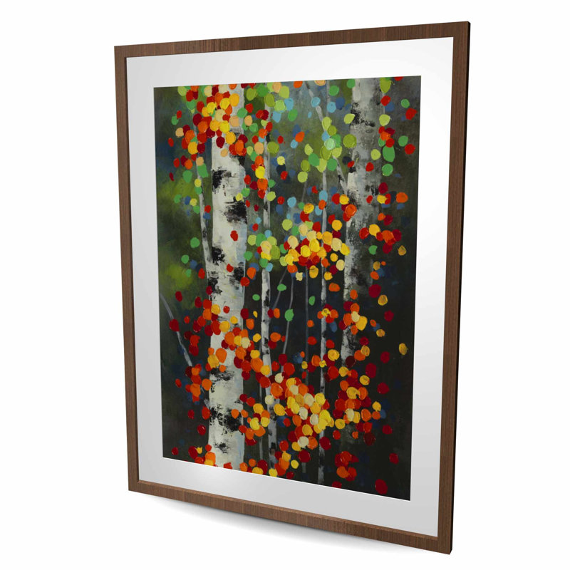 Bouleaux à feuilles colorées en pointillé | Impression encadrée avec passe-partout, H 48 po x l 36 po, Brun