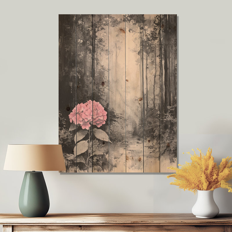 Hortensias dans la forêt monochrome III - Art mural en bois d'hortensias - sur bois de pin naturel