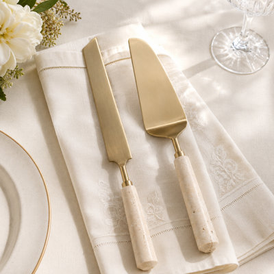 Yashica Travertine Stainless Steel Cake Serving Utensil Set In Box For Dining Table - Kitchen Serveware For Home Entertaining - Set Of 2, Tan & Gold