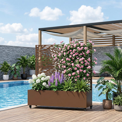 Metal Planter Box with Trellis with Wheels
