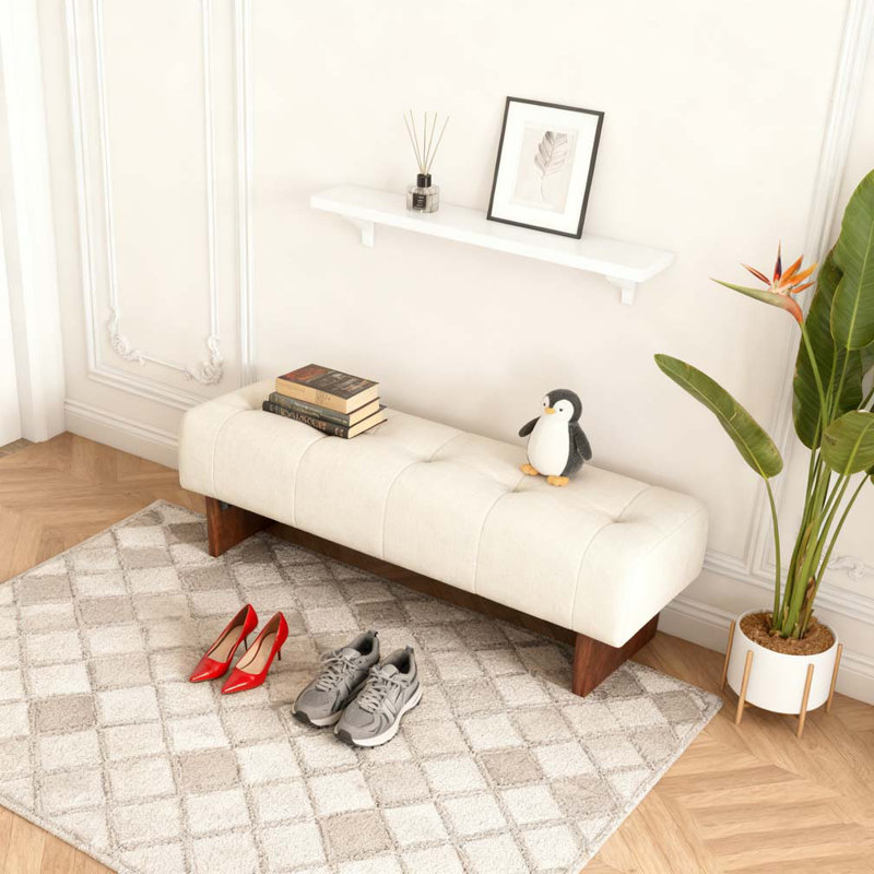 Rectangular Upholstered Tufted Linen Fabric Ottoman Bench