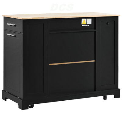 Fluted Kitchen Island With Trash Can Storage Cabinet, Power Outlet, Internal Storage Rack, Rolling Kitchen Islands On 5 Wheels With 3 Drawer, 3 Open Side Racks For 10 Gallon Garbage Bin, Black, Kitchen Island
