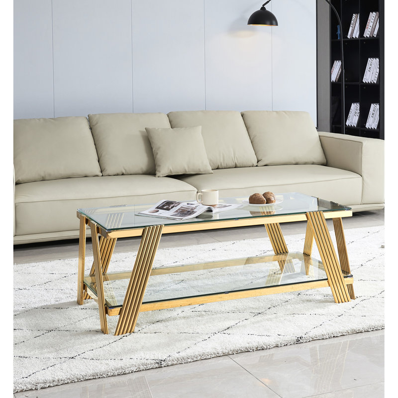 Table basse rectangulaire de 47 po de largeur, verre trempé, acier inoxydable, table de bureau à domicile moderne avec rangement, acier pour