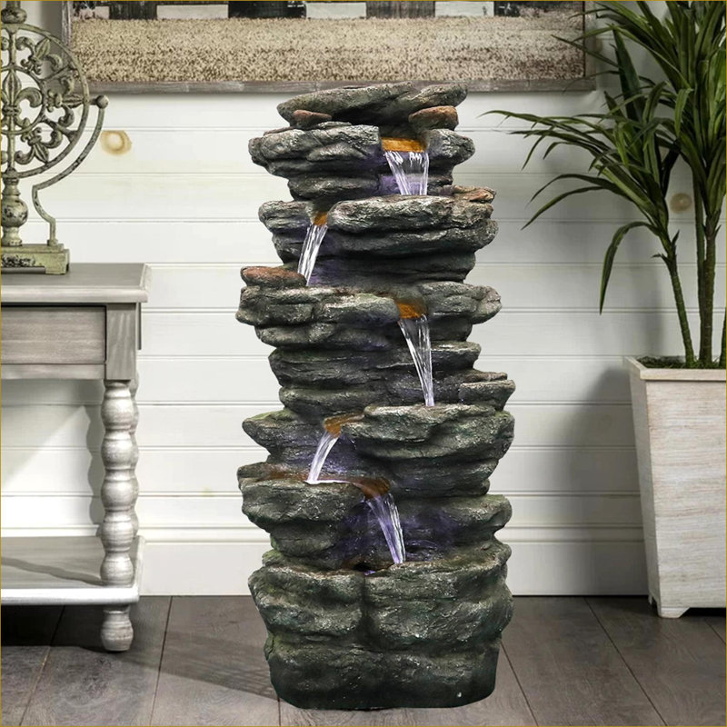 Fontaines | Fontaine à cascade 40 "à 40 niveaux à 6 niveaux, lumières DEL, pour terrasse de jardin | Gris | Résine