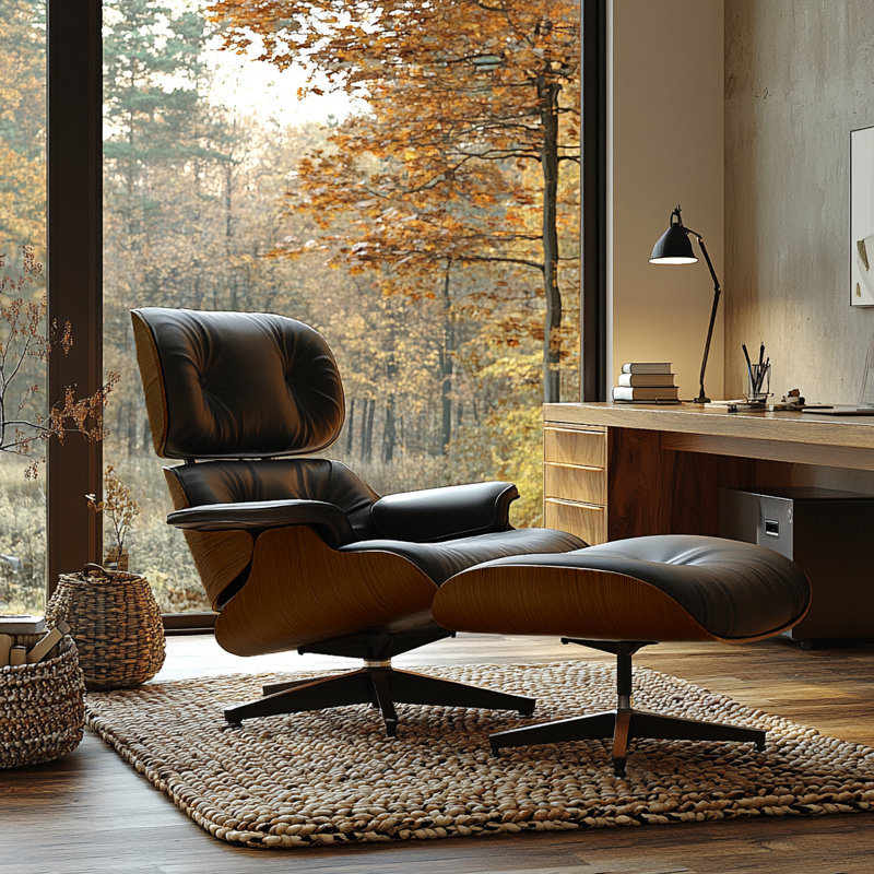Real Leather lounge chair with Solid Wood, Dark Wood Black Genuine Leather