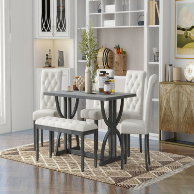 6-Piece Retro Rectangular Dining Table Set, Table with Unique Legs and 4 Upholstered Chairs & 1 Bench for Dining Room and Kitchen