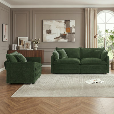 2-Piece Living Room Set with Deep-Seat Loveseat and Accent Chair, Dark Green