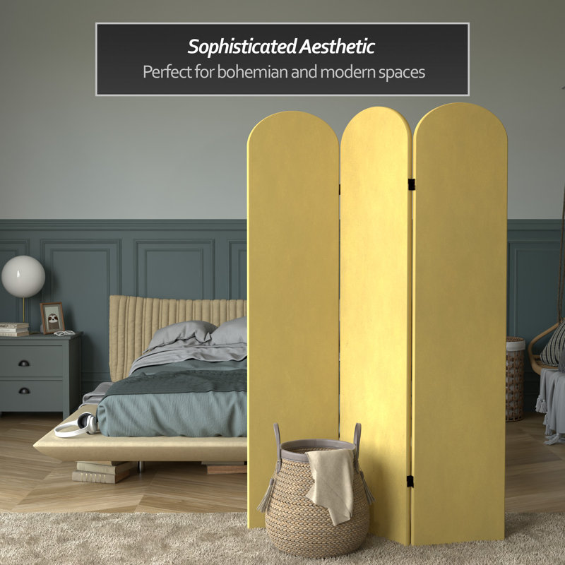6 Ft. Classic Arch Velvet Room Divider Blue 3 Panel, Yellow