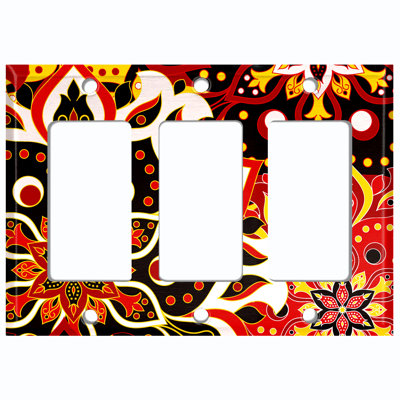 Metal Light Switch Plate Outlet Cover (Orange Yellow Mandala Flowers Tile   - Triple Rocker)