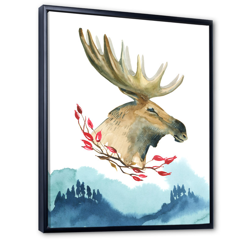 Grand Moose In Winter Mountain - reproduction d'art sur toile traditionnelle, H 12 po x l 8 po x P 1 po, Cadre flottant noir