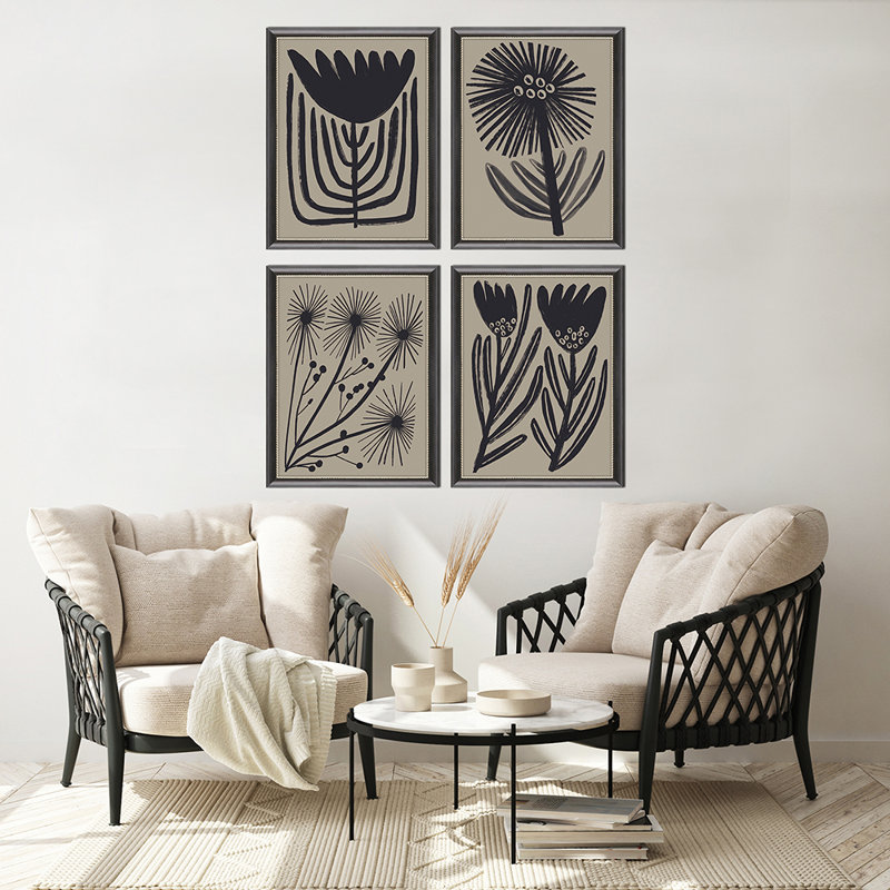 Medium Wood Framed Abstract Floral Art Set in Black and Beige