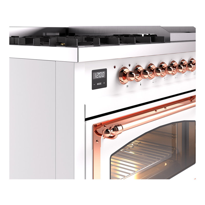 ILVE Nostalgie II Series Noblesse 48 inch Dual Fuel Range with 8 Sealed Burners, Griddle (Glass Door), Copper, Liquid Propane