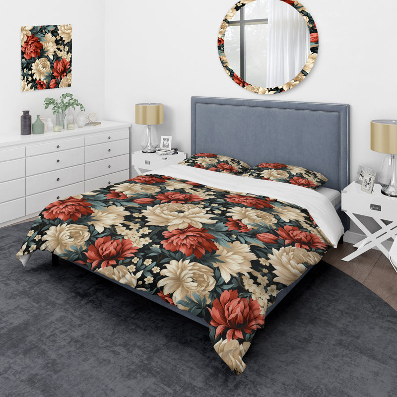 Beige And Red Ornate Damask Legacy - Ensemble de housse de couette à motif floral