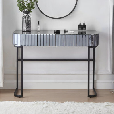 Mirrored Makeup Vanity Table with Stainless Steel Base, Mirrored Console Dressing Table with 2 Drawers, Versatile Desk for Bedroom and Office
