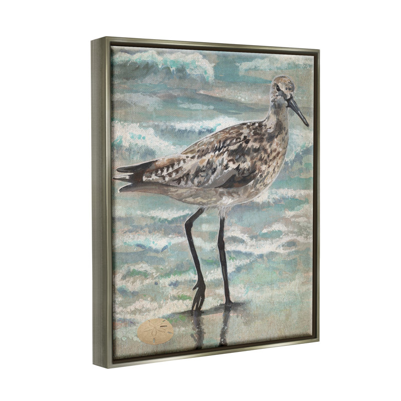 «Sandpiper Stepping Beach Coast» par Erica Christopher - Peinture sur toile, H 31 po x l 25 po x P 1,7 po, Encadré gris