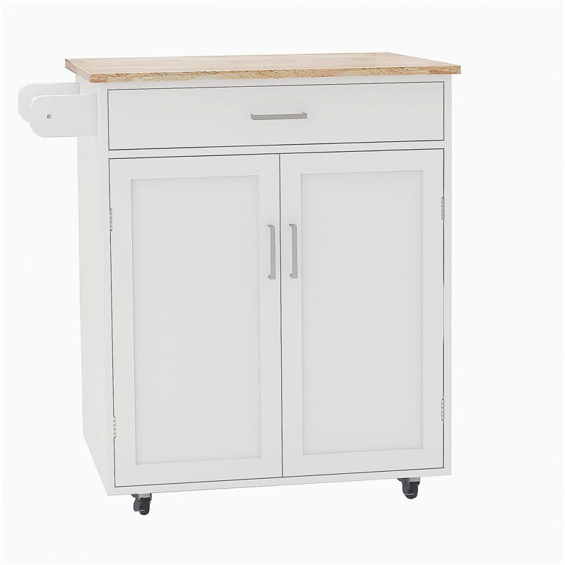 Chariot pour îlot de cuisine en bois d'hévéa avec tablette réglable et porte-serviettes