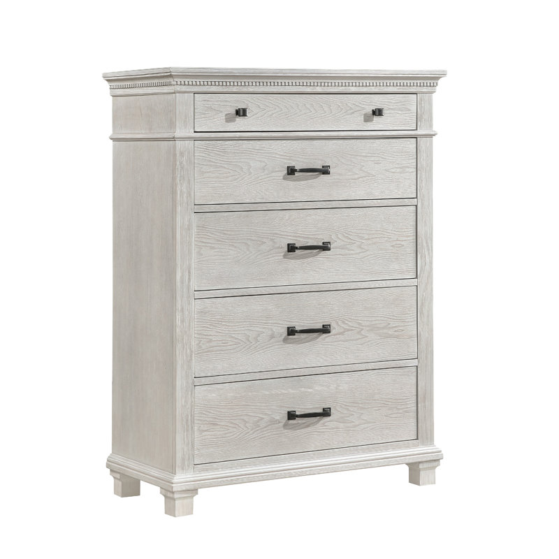 Commode haute Avy, bois de pin gris clair, 5 tiroirs spacieux