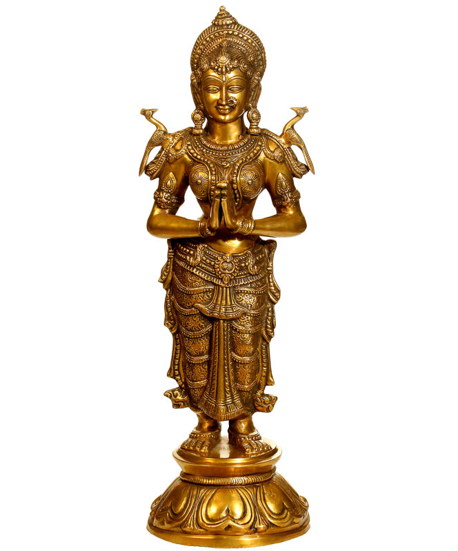 30" Solid Brass Namaste Lady Statue | Large Welcoming Floor Figurine for Entryway & Hospitality Decor