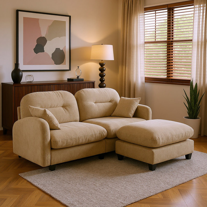 Canapé modulaire en L avec repose-pieds Cloud, revêtement en chenille douce, dossier rembourré capitonné, mousse haute densité pour des espaces polyvalents