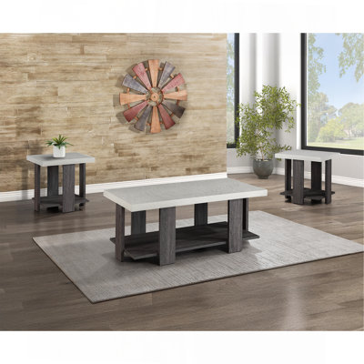 Ensemble de salon gris 3 pièces avec table basse et deux tables de bout assorties